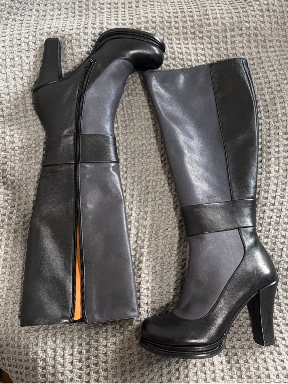 Chie Mihara Black and Gray Over-The-Knee High Heel Boots
